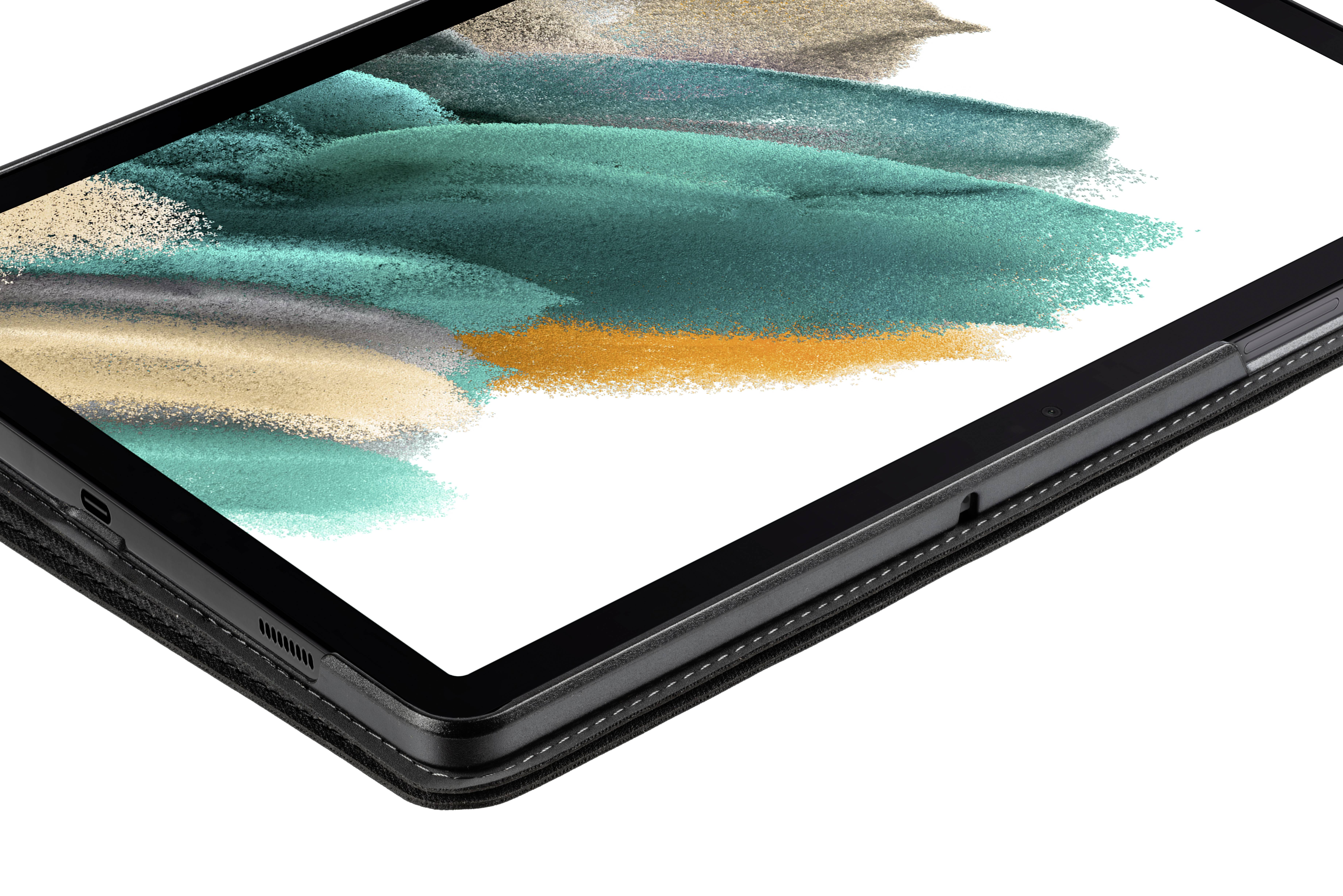 Une tablette avec un écran abstrait multicolore dans des tons de vert, sable et orange. Elle est posée à plat, montrant sa vue latérale.