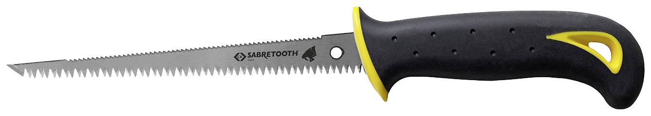 Scie à main avec poignée noire ergonomique et accent jaune. La lame tranchante est dentelée et convient pour couper du placoplâtre.