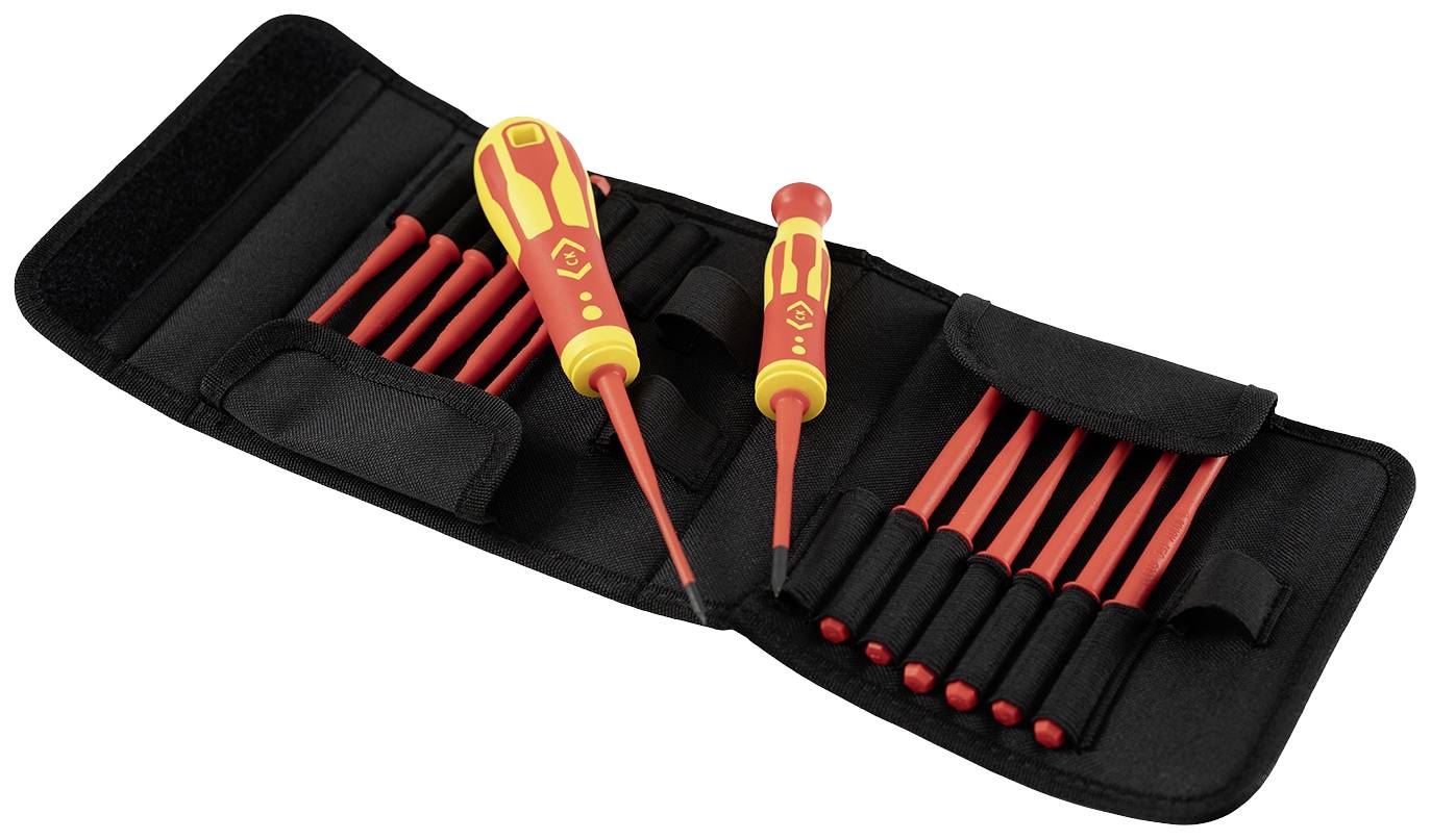 Un étui ouvert contenant un ensemble de tournevis en noir et rouge, composé de plusieurs outils de différentes tailles.