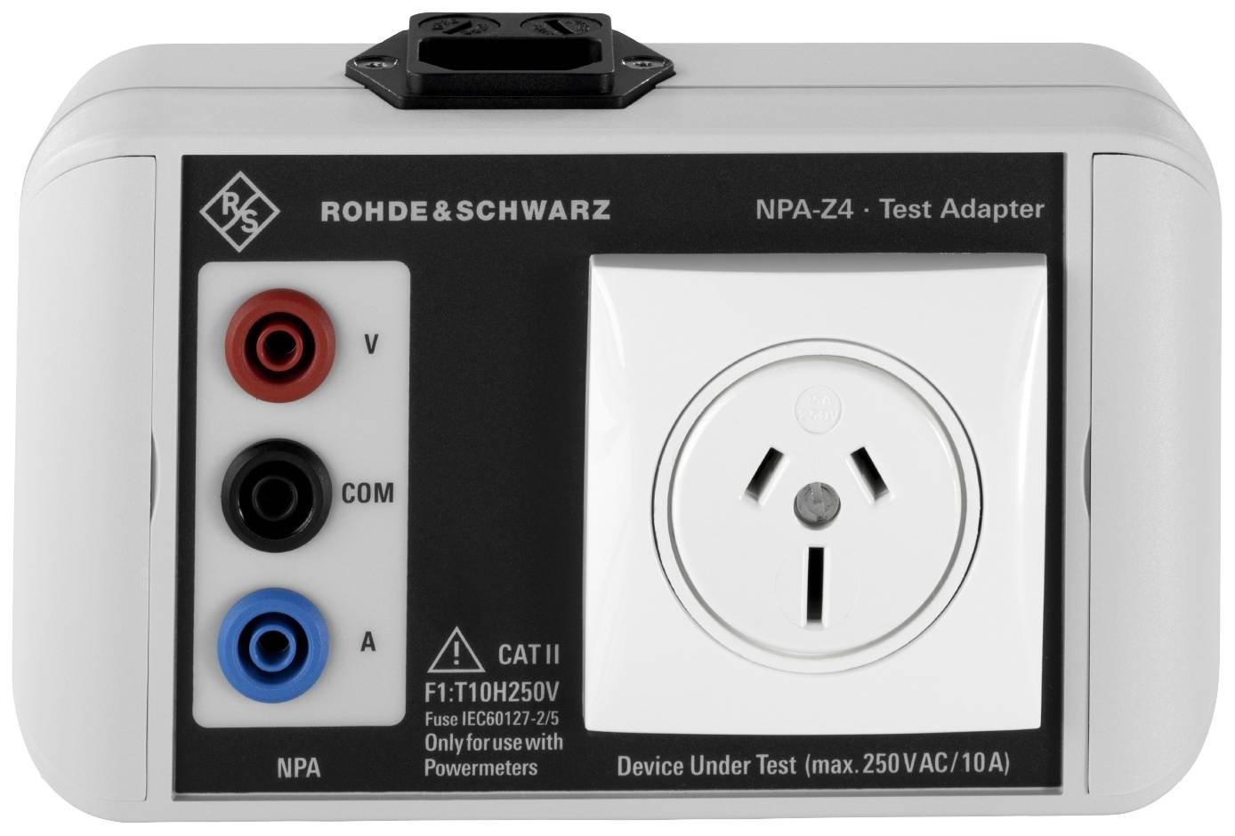 Adaptateur de test avec trois bornes (rouge, bleu, noir) pour mesure de courant, avec une prise de courant et l'inscription 'ROHDE & SCHWARZ NPA-Z4' en dessous.