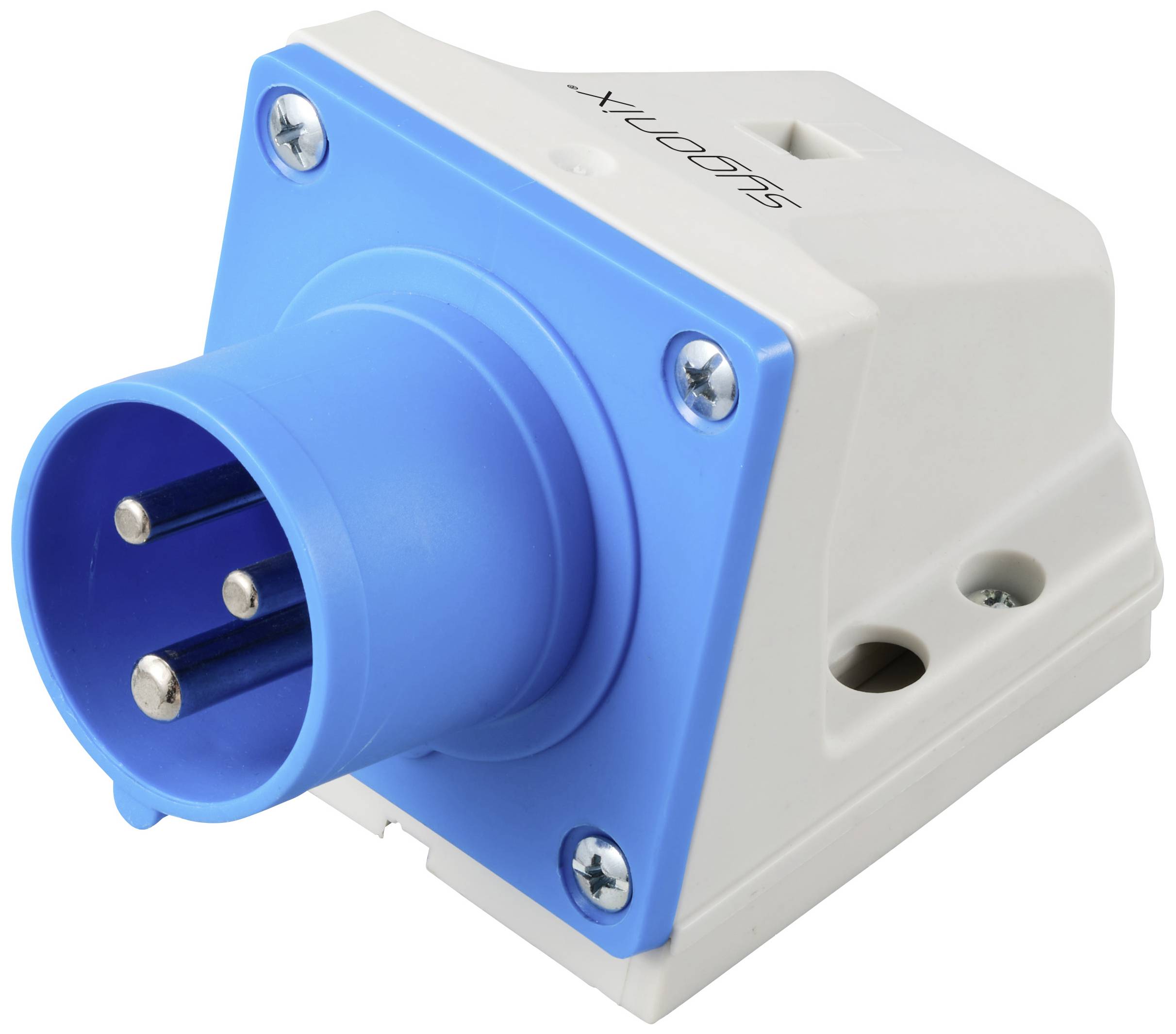 Prise murale blanche avec connexion tripolaire bleue. Adaptée aux connexions à courant fort dans les applications industrielles.