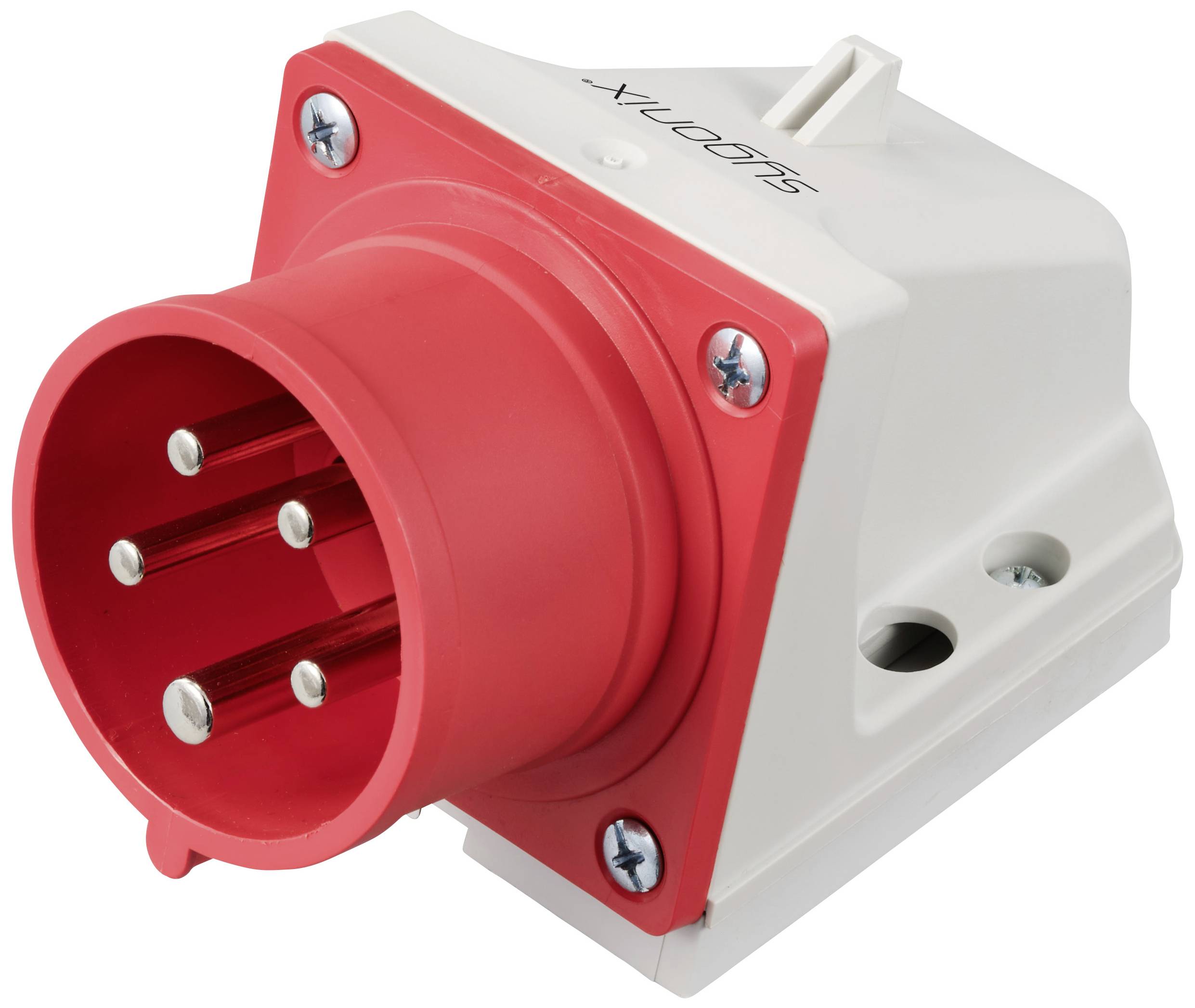 Connecteur industriel rouge avec cinq broches métalliques et boîtier en plastique blanc, adapté pour des connexions électriques puissantes.