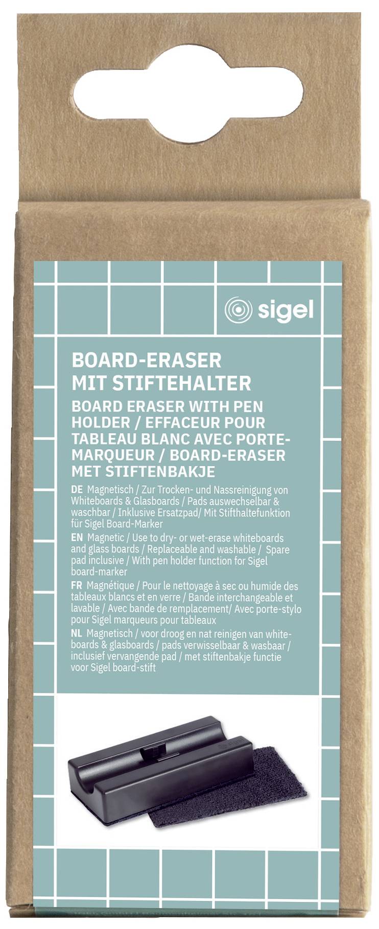 Effaceur de tableau blanc avec support de stylos de Sigel. Comprend un effaceur pour tableaux blancs avec support intégré pour stylos. L'emballage présente une image du produit.