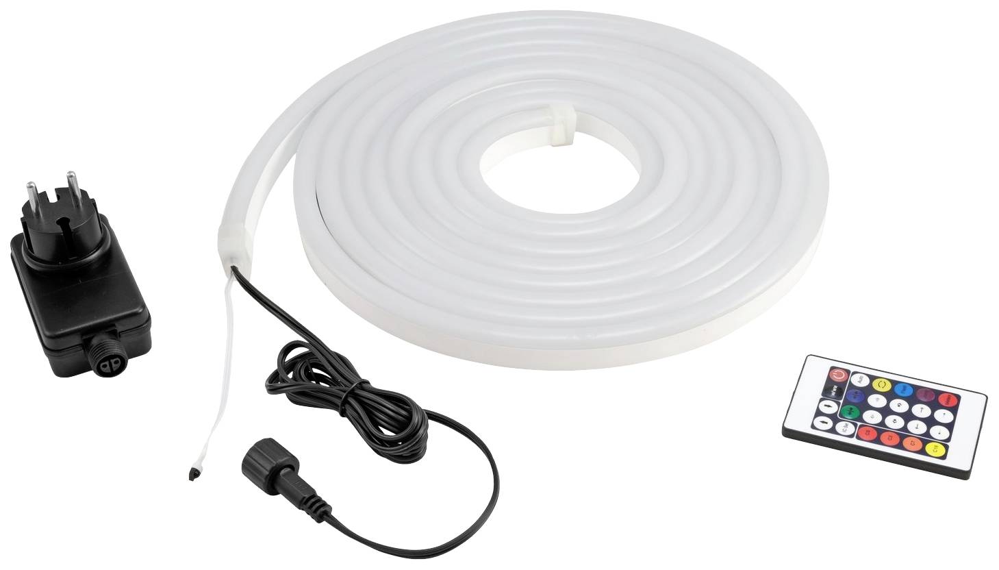 Un tuyau lumineux LED enroulé avec télécommande et câble d'alimentation. Adapté pour l'éclairage décoratif.