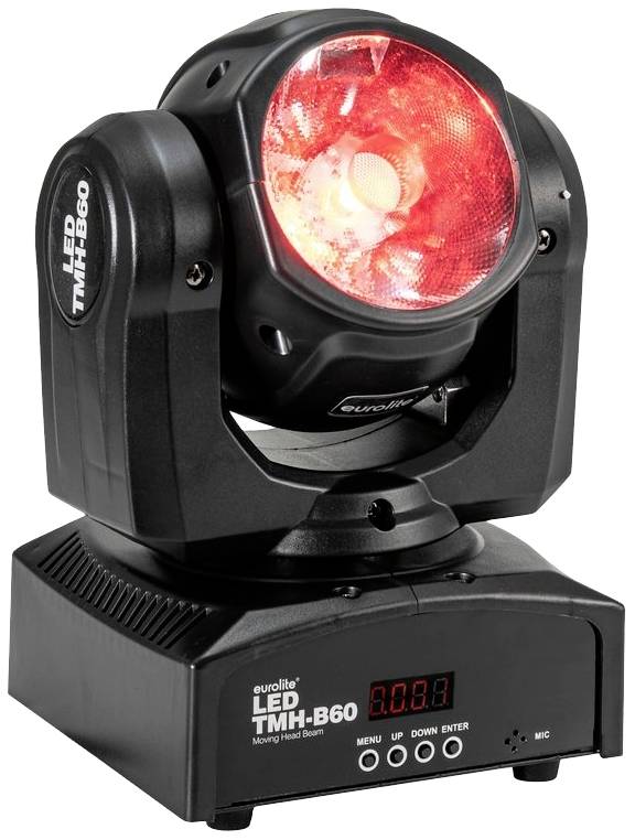 Projecteur LED noir avec tête lumineuse rouge et inscription 'EUROLITE LED TMH-B60' sur la base. Affiche un écran numérique.