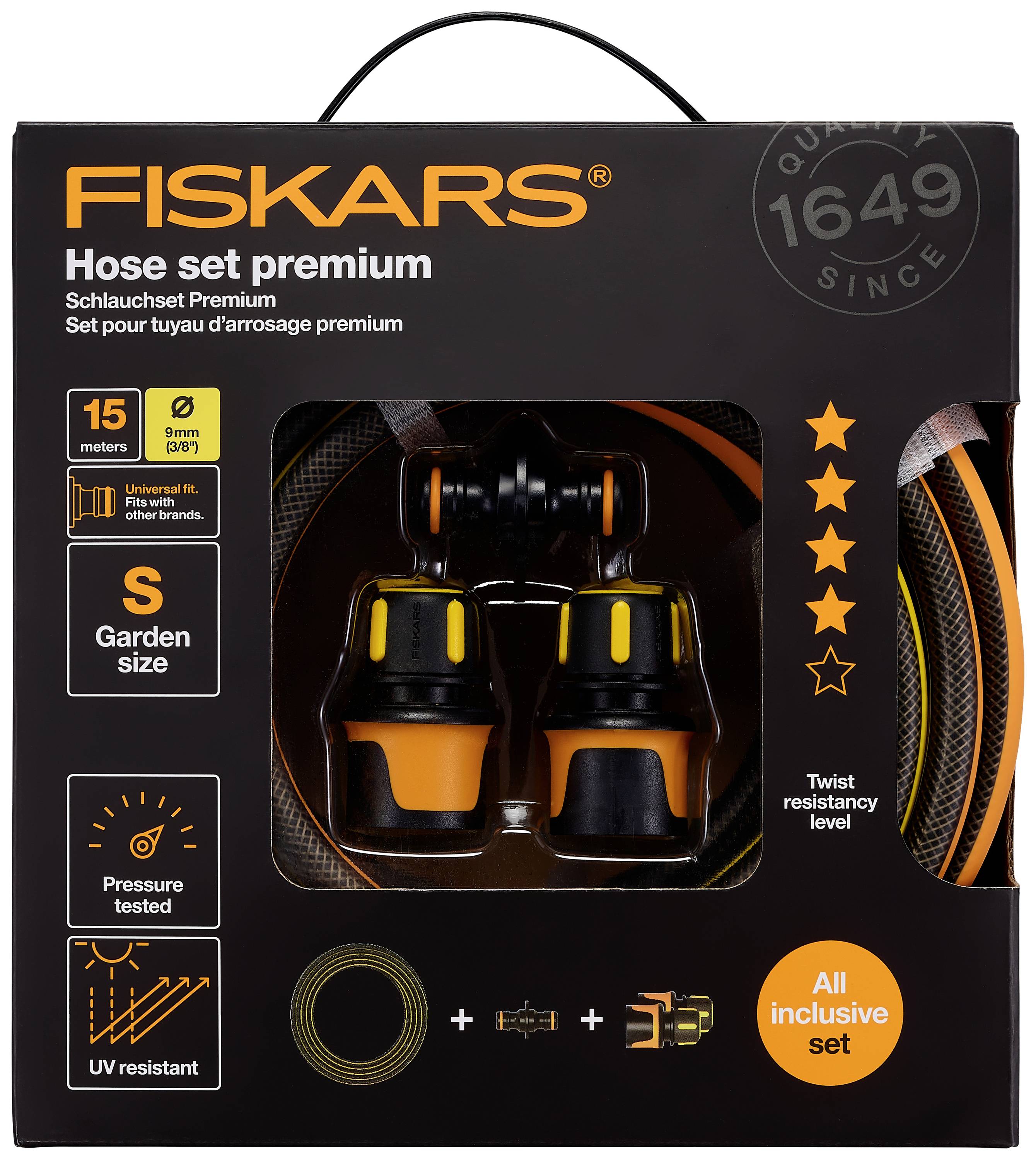 Ensemble de tuyau Fiskars Premium, 15 mètres, 9 mm, avec raccords. Résistant aux UV et à la pression. Comprend des accessoires de jardin. L'emballage présente une évaluation de 5 étoiles.