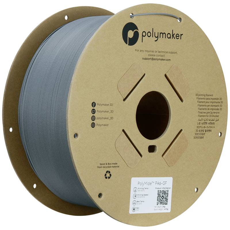 Un rouleau de filament d'impression 3D gris de la marque Polymaker, modèle PolyMide PA6-GF, conditionné dans un carton recyclé, adapté pour l'impression 3D technique.