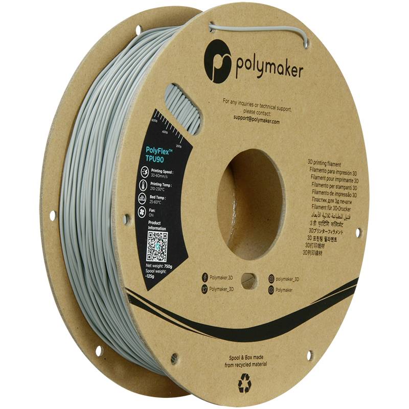 Un rouleau de filament de la marque Polymaker, modèle 'PolyFlex TPU90', fabriqué à partir de matériaux recyclés. Contient les coordonnées de support.