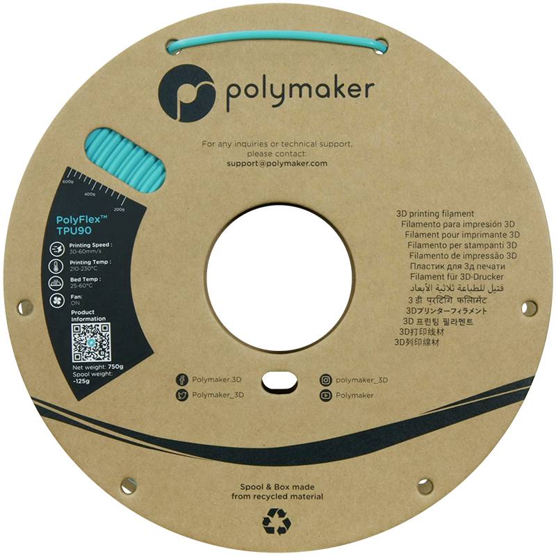 Bobine de filament ronde de la marque Polymaker avec du filament de couleur turquoise. Les impressions fournissent des informations sur les propriétés du matériau et son usage.