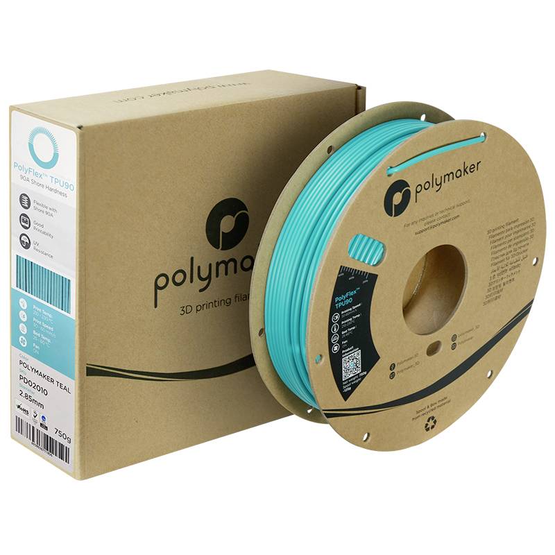 Une bobine de filament d'imprimante 3D de couleur turquoise et un boîte d'emballage de la marque Polymaker.