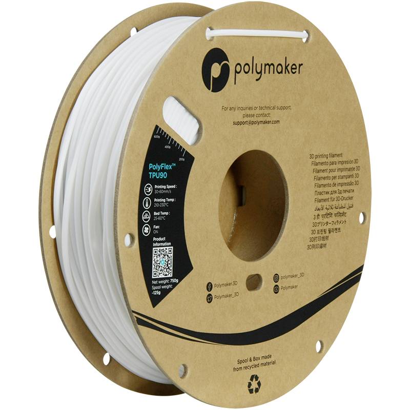Bobine de filament d'imprimante 3D blanc de Polymaker, entourée d'un carton.