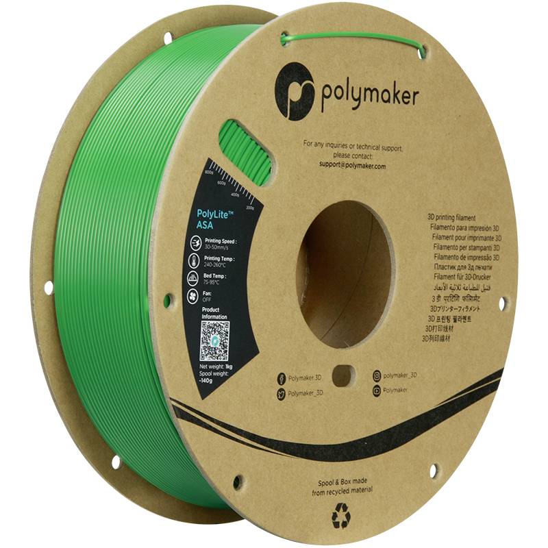 Bobine verte de filament d'impression 3D de Polymaker, portant l'inscription 'PolyLite ASA', enroulée sur un carton recyclable.