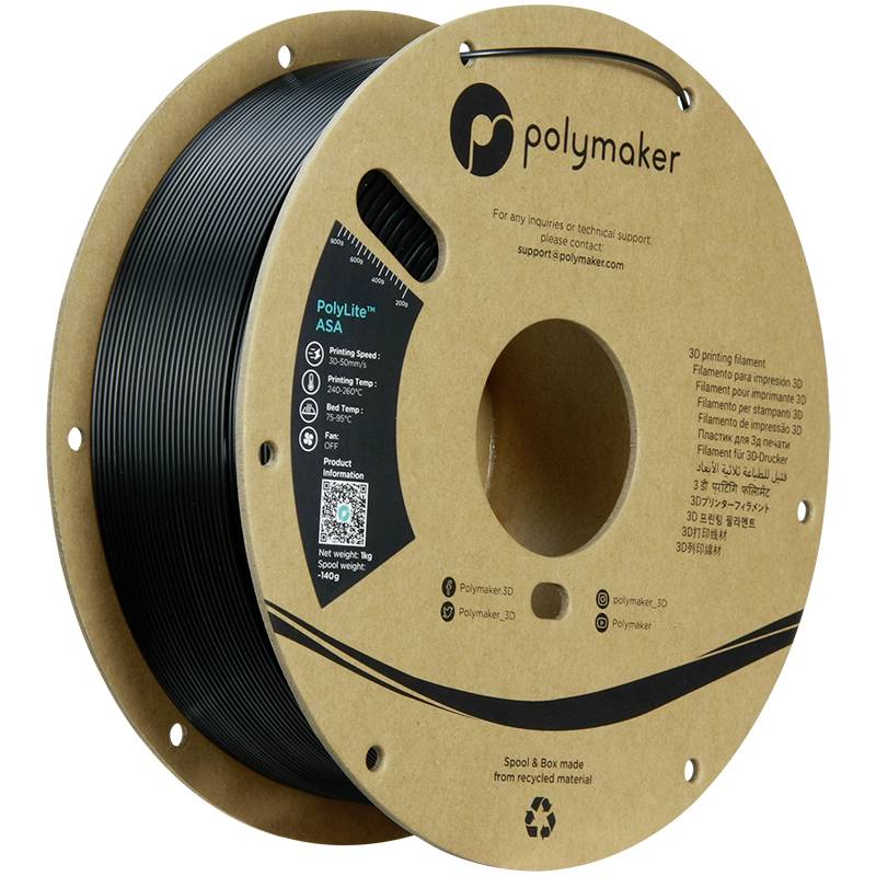 Bobine de filament ASA noir de Polymaker pour impression 3D, enroulée sur carton recyclé, adaptée aux projets d'impression extérieurs.