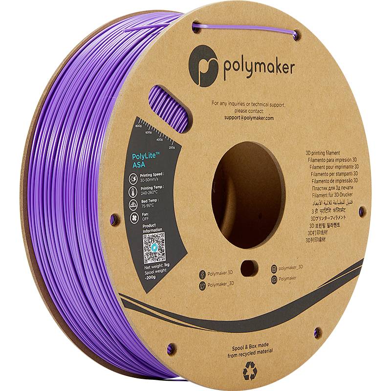 Bobine de filament Lila pour imprimante 3D de Polymaker, fabriquée à partir de matériaux recyclés, avec informations sur le produit et coordonnées sur l'emballage.