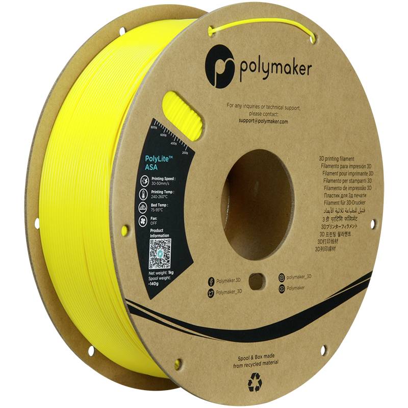 Un bobine de filament jaune en plastique ASA de Polymaker. L'emballage est fabriqué à partir de matériaux recyclés. Adapté pour l'impression 3D.