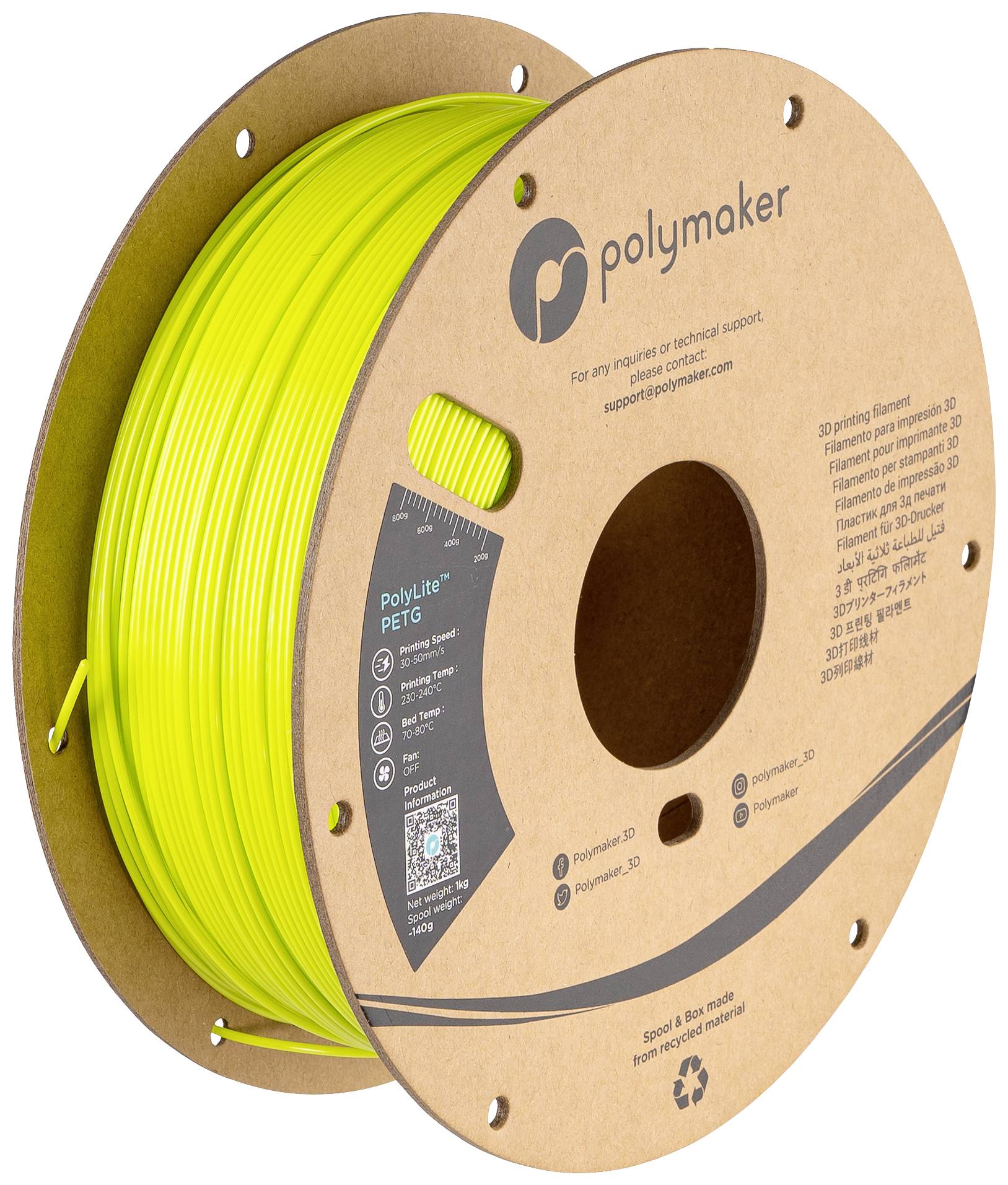 Bobine de filament pour impression 3D, jaune fluorescent, en PETG, marque 'Polymaker'. Emballage en carton recyclé avec informations produit.