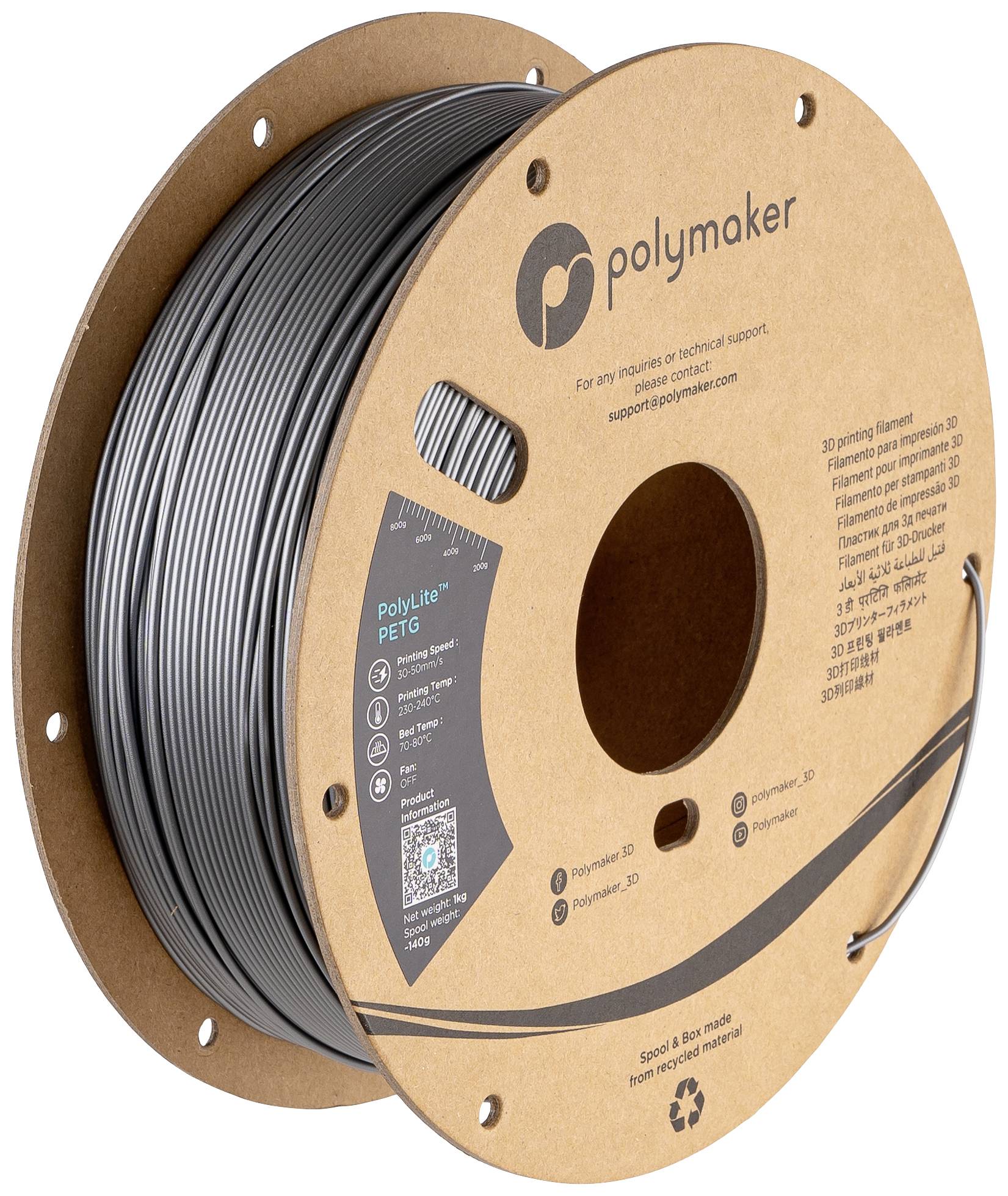 Une bobine de filament gris PolyLite PETG de la marque Polymaker pour imprimantes 3D avec indication de la température d'impression et du taux d'alimentation.