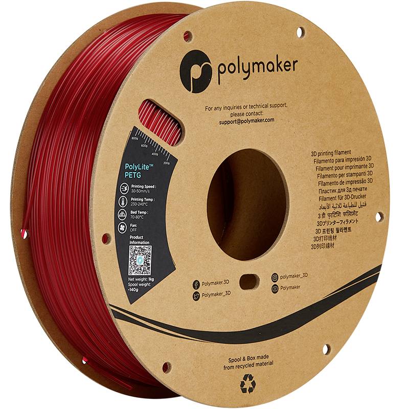 Bobine en matériau recyclé avec du filament d'impression 3D rouge, marque 'Polymaker'. Contient des informations sur la vitesse et la température d'impression.