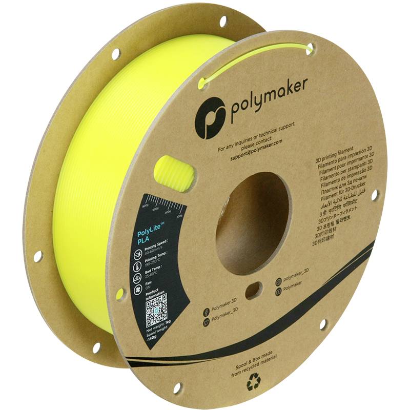 Un rouleau de filament PLA jaune pour impression 3D de Polymaker. L'emballage présente le logo de la marque et un code QR sur la face avant.
