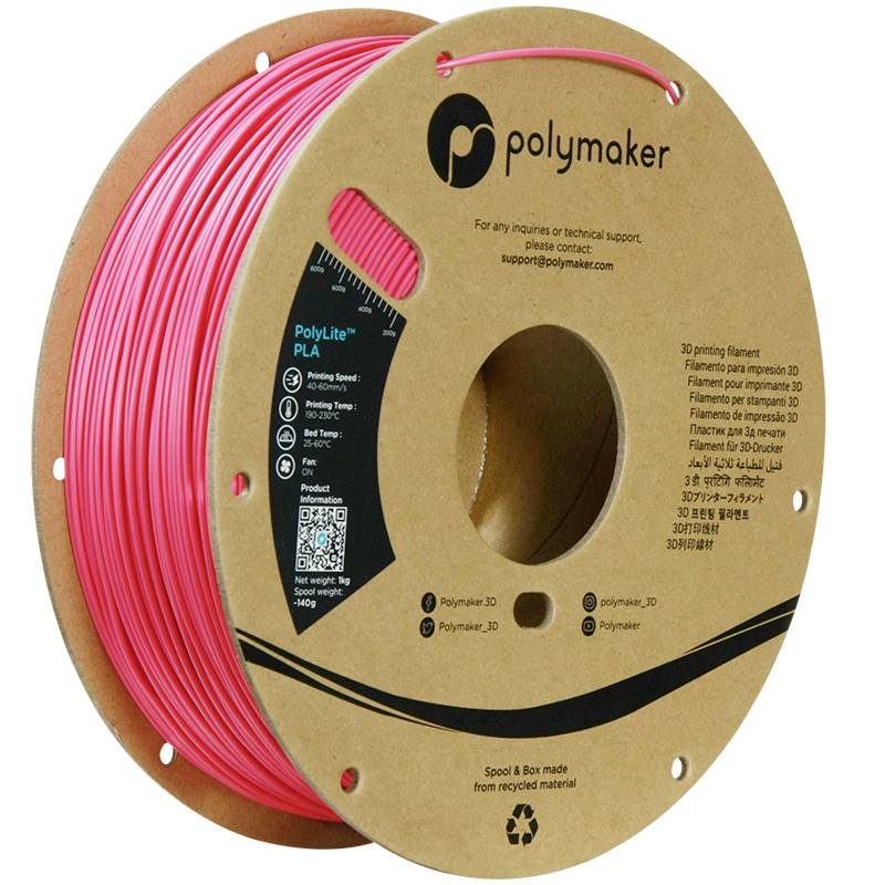 Un rouleau de filament rose pour imprimante 3D de la marque 'Polymaker'. Contient des informations sur la température et la vitesse d'impression.