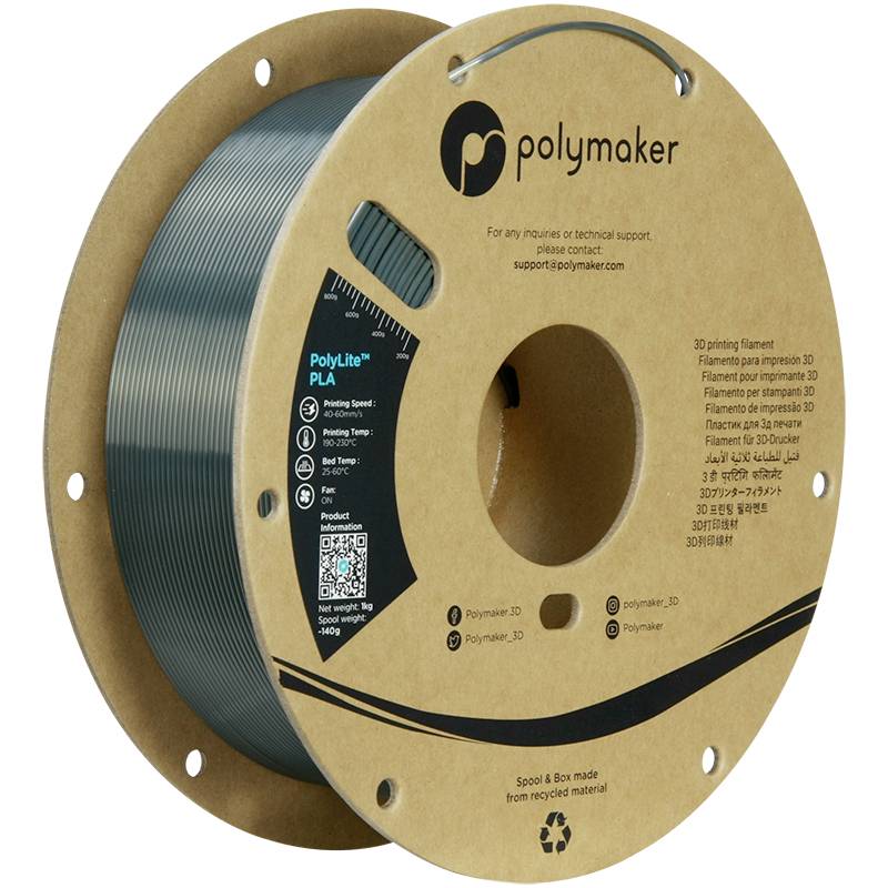 Un rouleau de filament d'imprimante 3D en matériau recyclé de Polymaker, présenté dans un emballage en carton.
