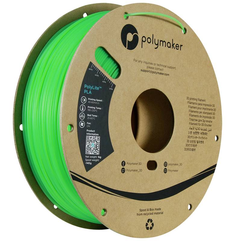 Une bobine de matériau d'impression 3D vert de la marque Polymaker, fabriquée en PLA écologique. Contient des informations sur les températures d'impression.