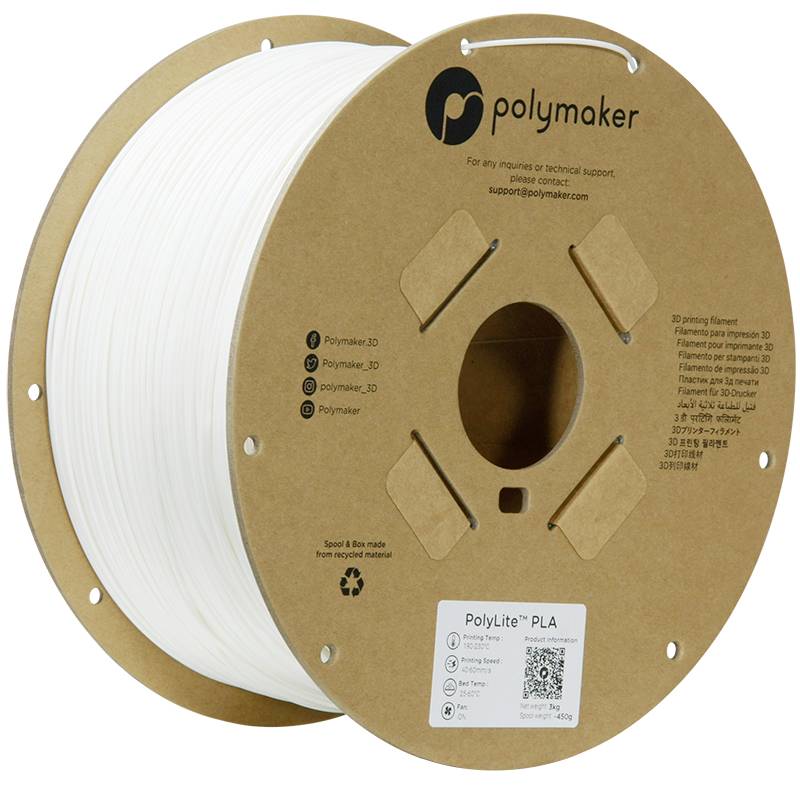Grande bobine ronde de filament d'impression 3D PLA blanc de la marque 'Polymaker'. Contient des informations de contact et des icônes de réseaux sociaux.