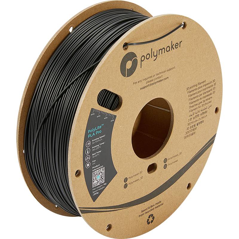 Une bobine de filament noir pour imprimante 3D, de la marque 'Polymaker' avec des détails techniques et un code QR sur l'emballage.