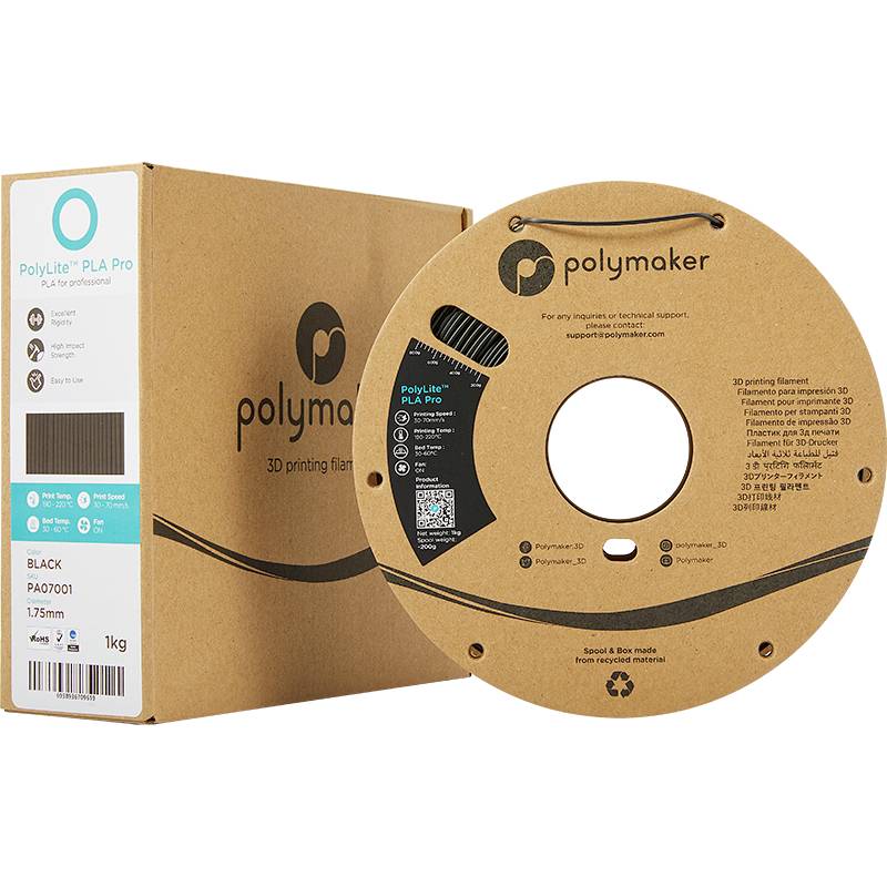 Emballage et bobine d'un filament d'impression 3D Polymaker PolyLite PLA Pro noir, 1,75 mm, 1 kg, recyclable, présentant les détails du produit.