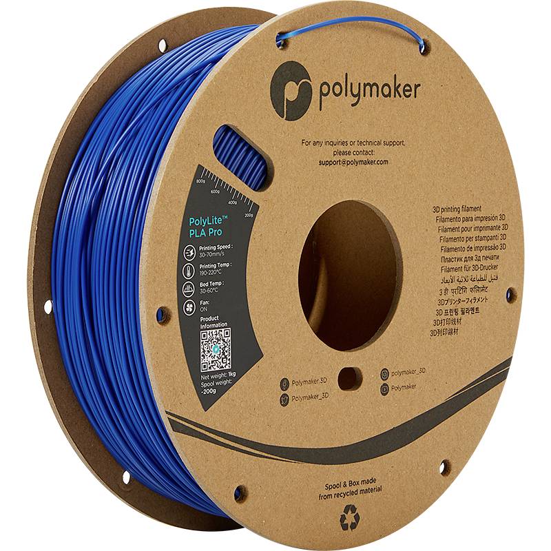 Grande bobine de filament d'impression 3D bleu de la marque Polymaker. L'étiquette indique le type de matériau 'PolyLite PLA Pro' et d'autres détails.