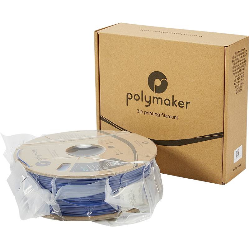 Bobine de filament d'impression 3D bleu devant un emballage portant l'inscription « polymaker 3D printing filament ».
