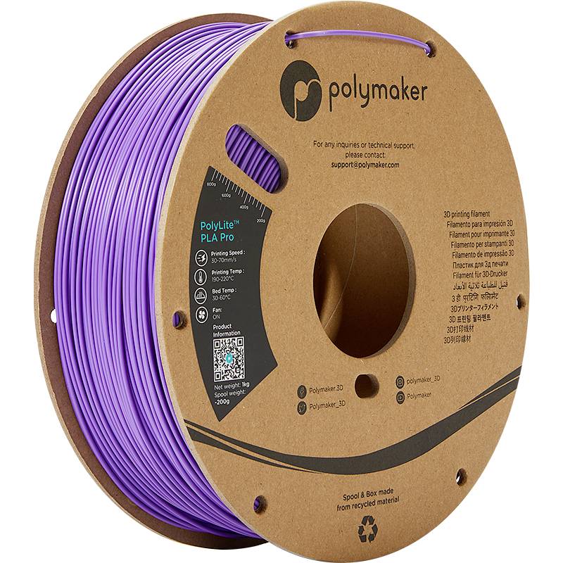 Rouleau de filament d'imprimante 3D en matériau recyclé de couleur violette, marque 'Polymaker', adapté aux imprimantes FDM.