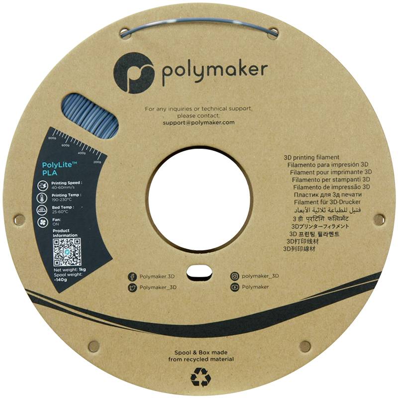 Bobine ronde de filament PLA bleu de la marque 'Polymaker PolyLite', avec des informations sur la température d'impression et le matériau recyclé.