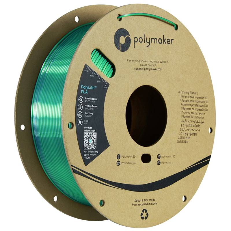 Filament d'imprimante 3D, PolyLite PLA en Turquoise de Polymaker. La bobine est fabriquée à partir de matériaux recyclés et contient des détails techniques.