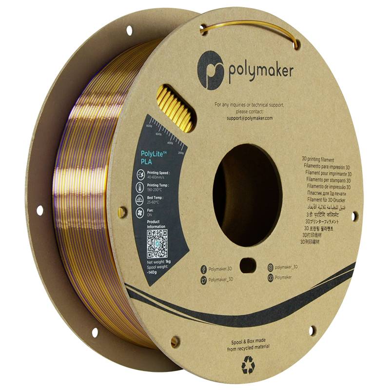 Bobine de filament pour imprimante 3D de Polymaker dans un emballage marron, marquée d'indications de produit.