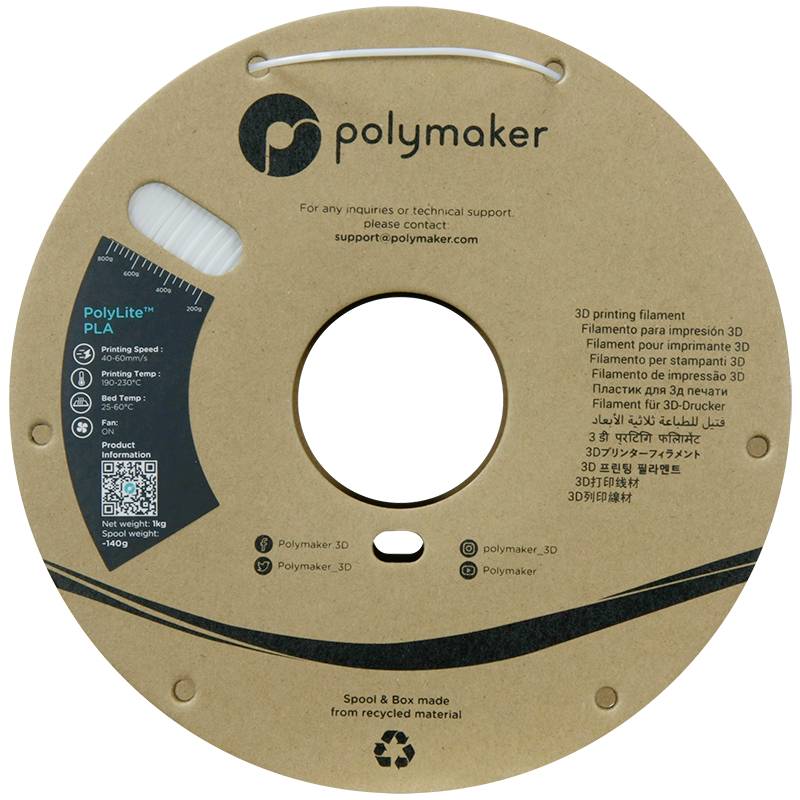 Une bobine de filament pour imprimante 3D de Polymaker en matériau recyclé, avec coordonnées de contact et code-barres imprimés dessus.
