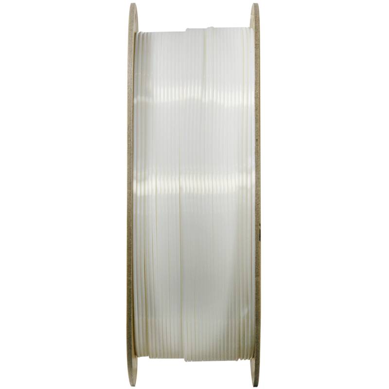 Une bobine de filament blanc pour imprimante 3D, vue de côté.