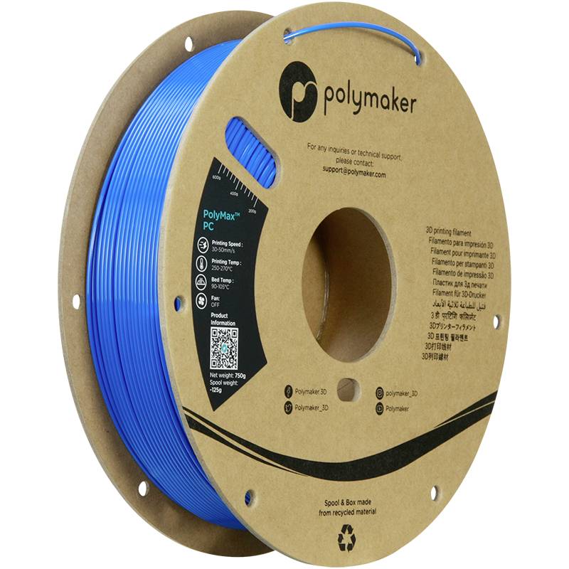 Un rouleau de filament bleu de Polymaker, adapté pour l'impression 3D, avec des spécifications techniques et des informations de contact sur l'étiquette.