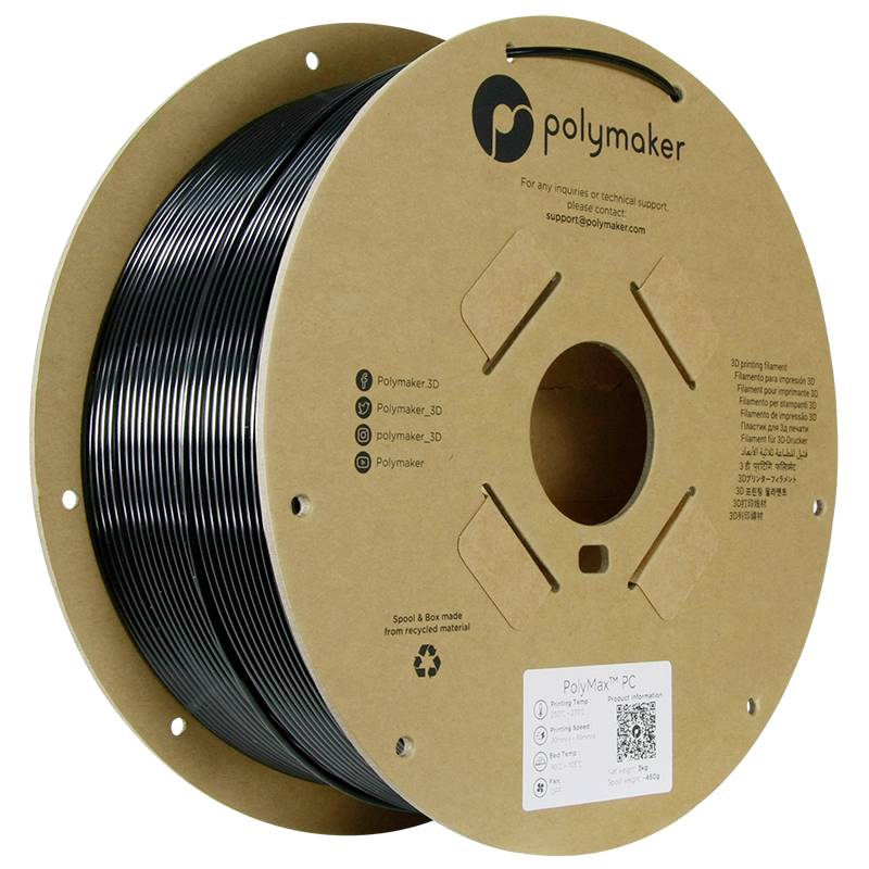 Une bobine de filament noir pour imprimante 3D de Polymaker, sur laquelle figurent le logo de la marque et les informations de contact.