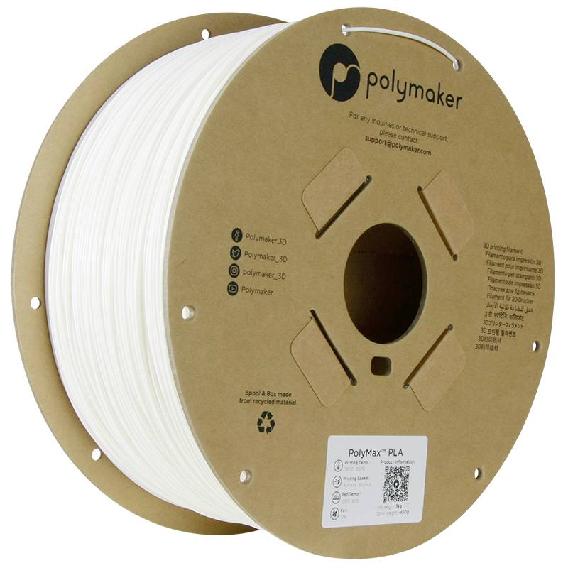 Un rouleau de filament PLA blanc pour imprimante 3D de Polymaker ; idéal pour la modélisation et le prototypage avec une haute résistance.