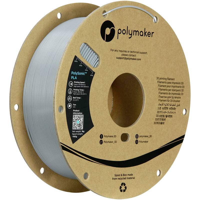 Rouleau de filament PLA Polymaker, principalement fabriqué à partir de carton recyclé ; adapté à divers projets d'impression 3D.