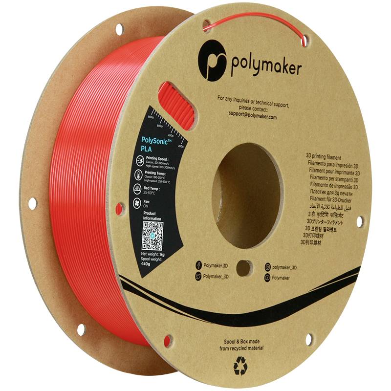 Rouleau de filament d'imprimante 3D rouge de la marque 'Polymaker'. Le carton affiche les informations et les coordonnées du fabricant.