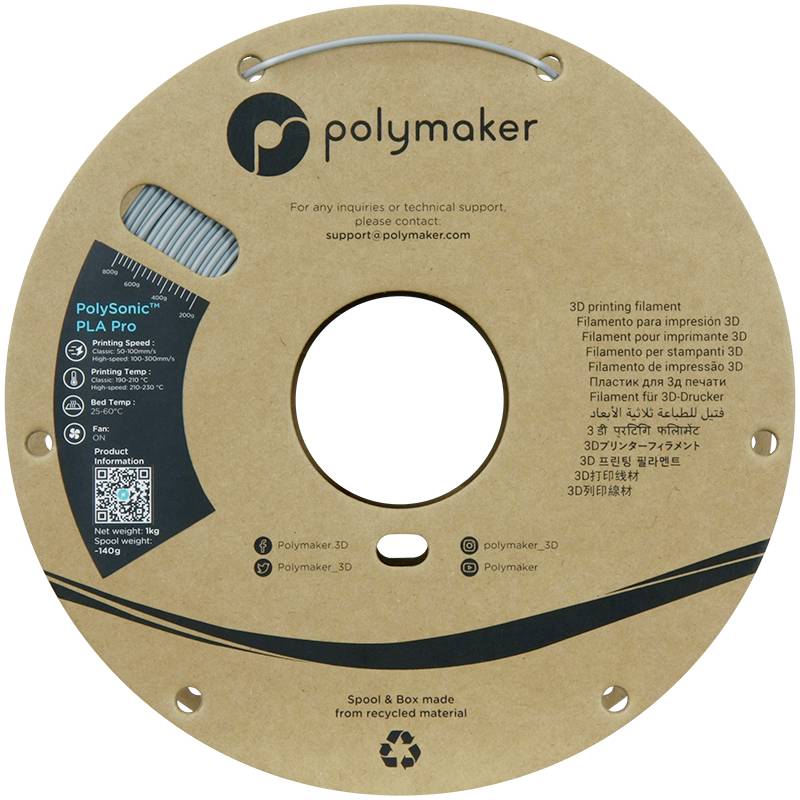 Un rouleau de 'PolySonic PLA Pro' de Polymaker, fabriqué à partir de matériaux recyclés, avec des informations sur le poids, la température d'impression et le support technique.