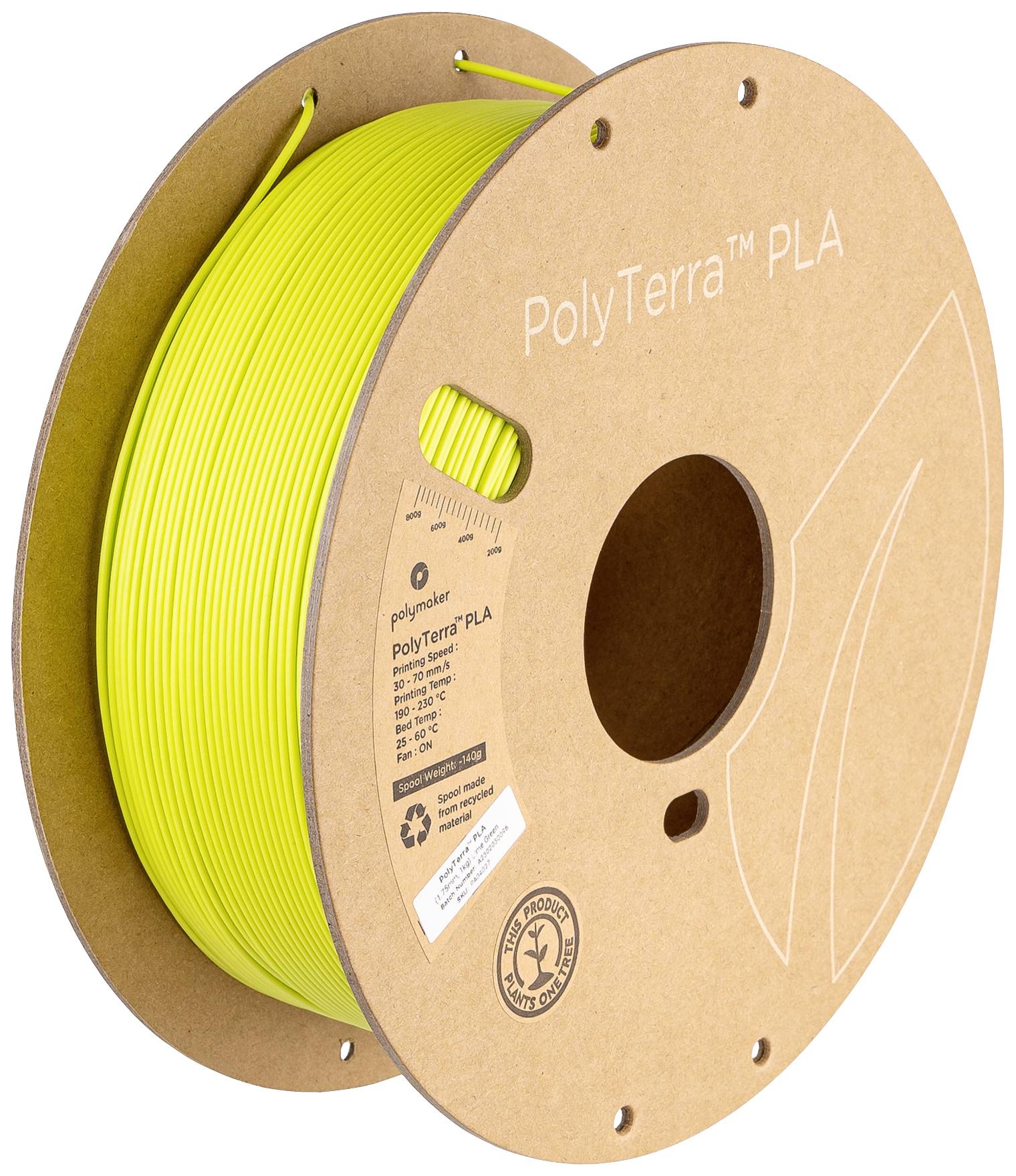 Un rouleau de filament PLA PolyTerra jaune pour imprimante 3D, emballé dans une bobine en carton écologique.