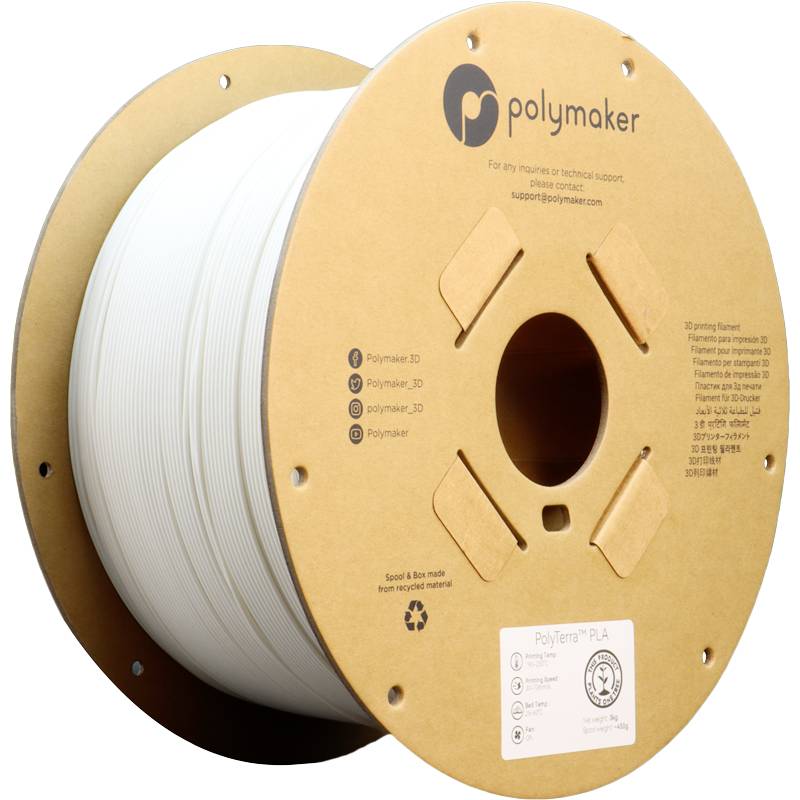 Une bobine de filament PolyTerra PLA de Polymaker, couleur Blanc, dans un carton recyclable. Adapté pour l'impression 3D écologique.