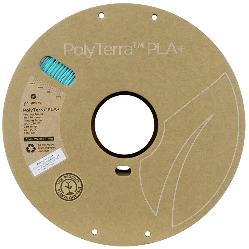 Bobine de filament pour imprimante 3D couleur turquoise, matériau PolyTerra PLA+, emballé de manière écologique.
