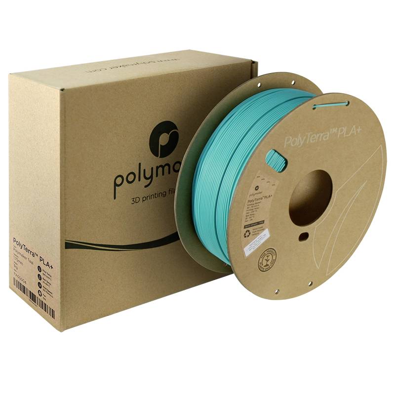 Boîte en carton et bobine de filament PLA+ PolyTerra de couleur turquoise, adapté aux projets d'impression 3D.
