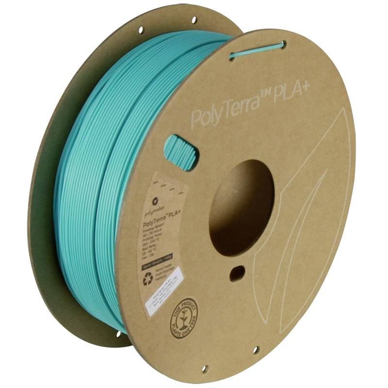 Bobine en carton recyclable contenant du filament d'imprimante 3D de couleur turquoise. Inscription 'PolyTerra PLA+' sur le carton.