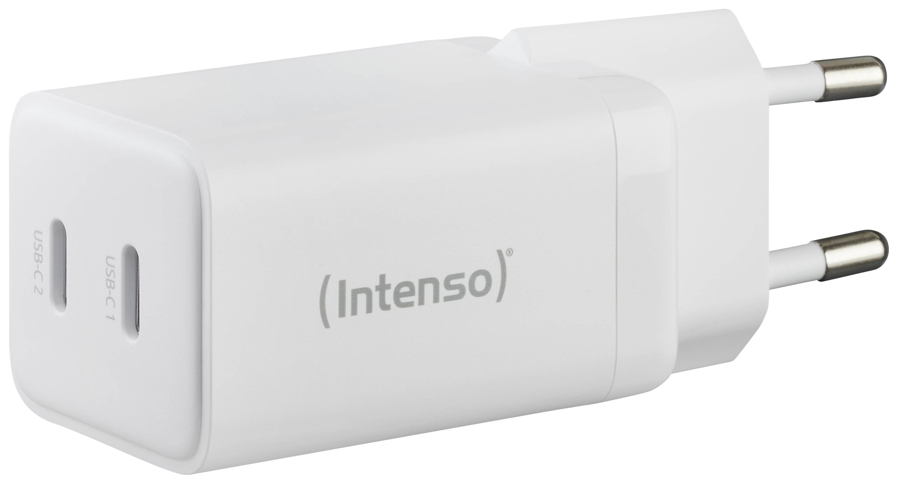 Chargeur blanc de la marque 'Intenso' avec deux ports USB.