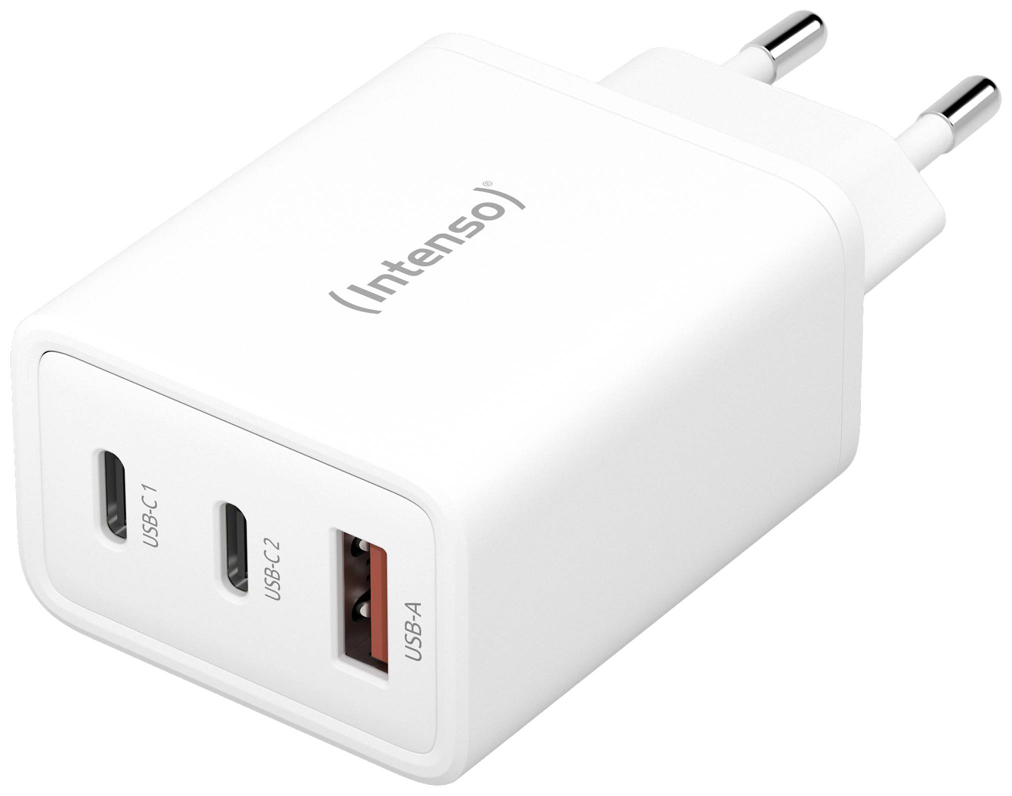 Un chargeur blanc avec deux ports USB-C et un port USB-A. Le nom de marque 'Intenso' est inscrit sur le dessus.